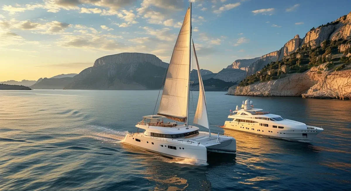 Sailing yacht heeled and motor yacht at anchor in same bay