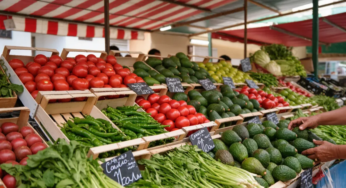 Produce crates stacked at a Mexican market stall