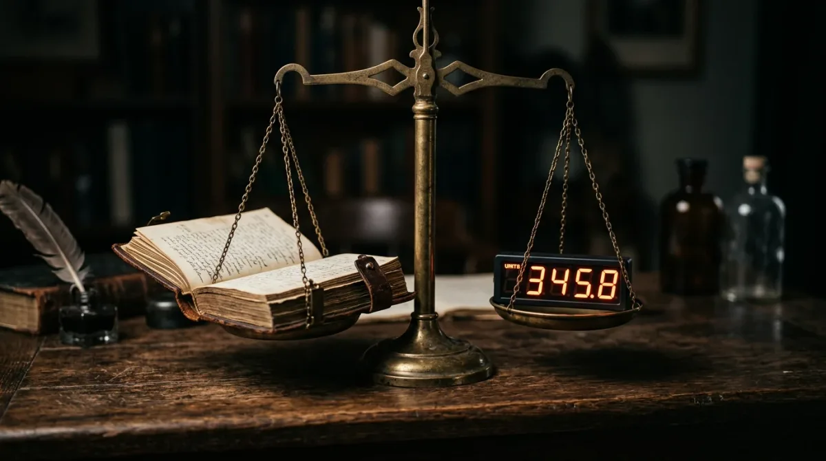 A courthouse-style ledger/rulebook on one side and a lit esports arena scoreboard on the other, connected by a single balanced scale, in the site's plain e.