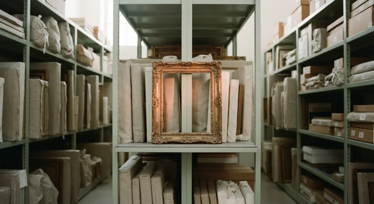 Museum storage racks with covered frames in soft light