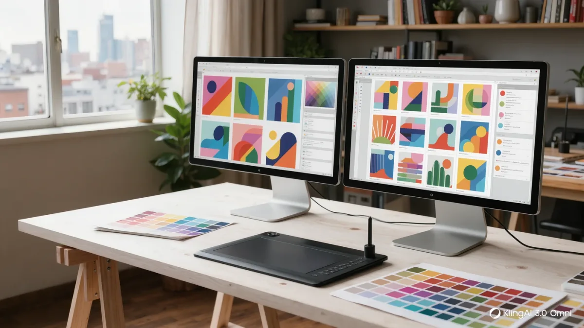 Creative studio workspace with design work displayed on two large monitors