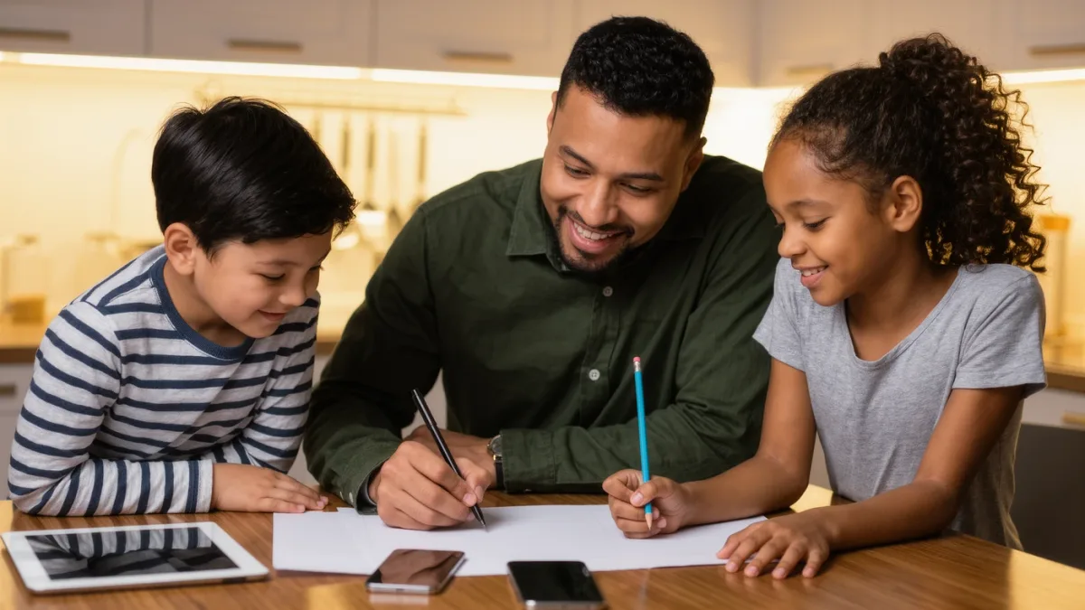 Family writing media plan together at kitchen table
