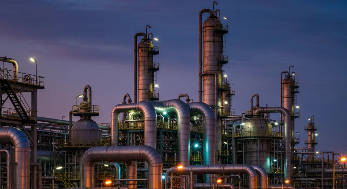 Refinery towers and pipework at a Gulf oil processing complex