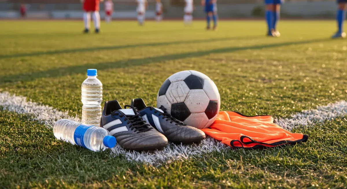 Youth match boots and ball beside the touchline