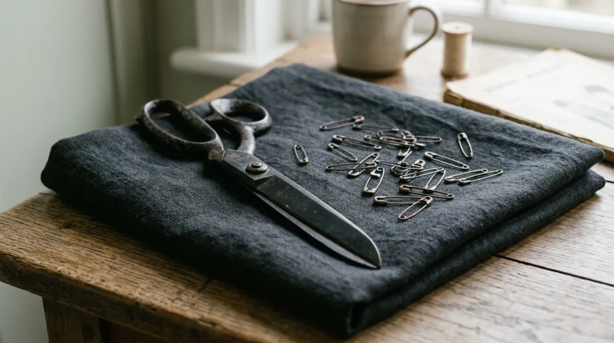Tailor's shears and safety pins on dark fabric