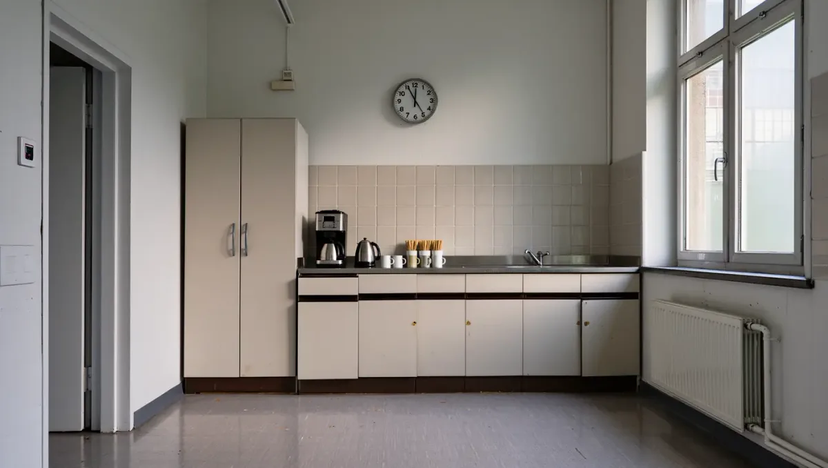 Office kitchenette with wall clock and coffee station in neutral daylight