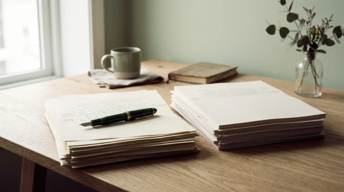 Manuscript pages and proofs stacked on office desk