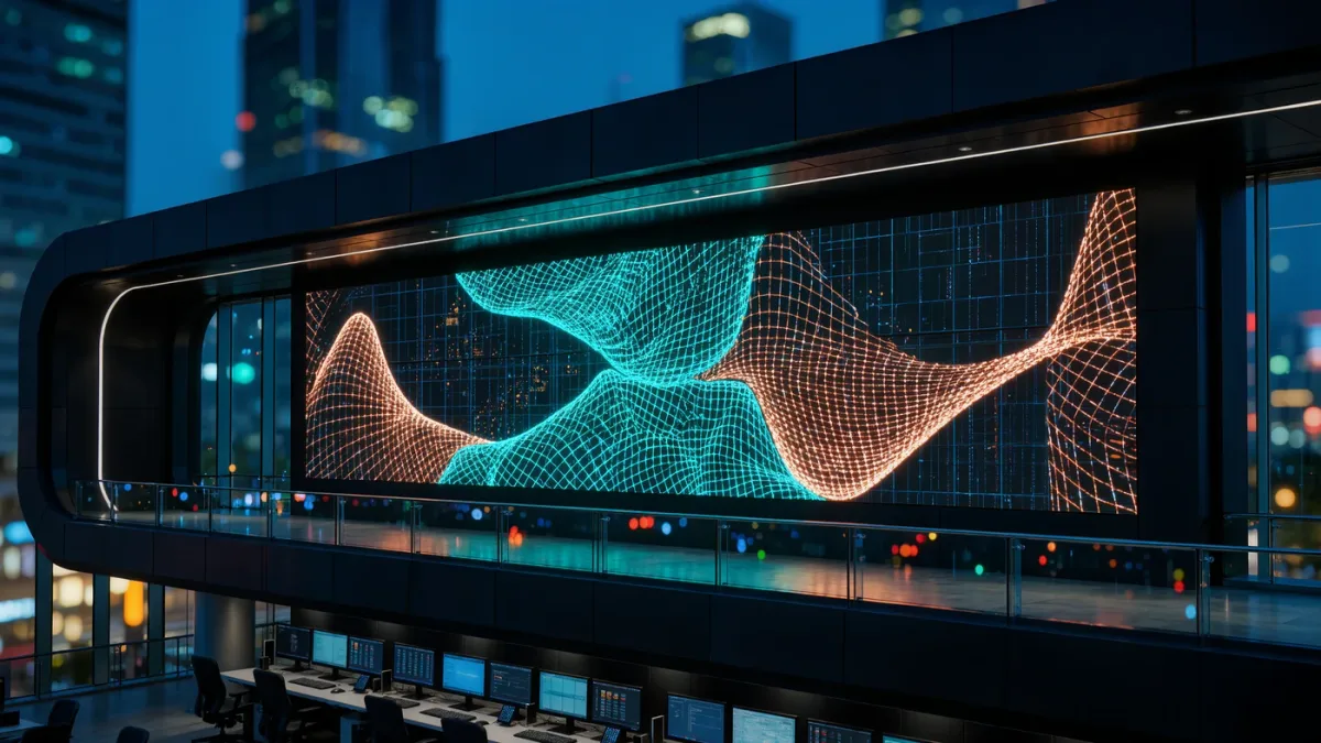 Exchange trading floor at dusk with outcome board glow