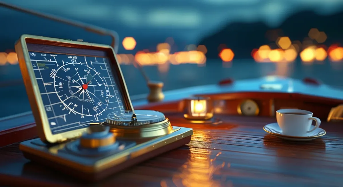 Chart plotter close-up with course line toward Genoa, night running