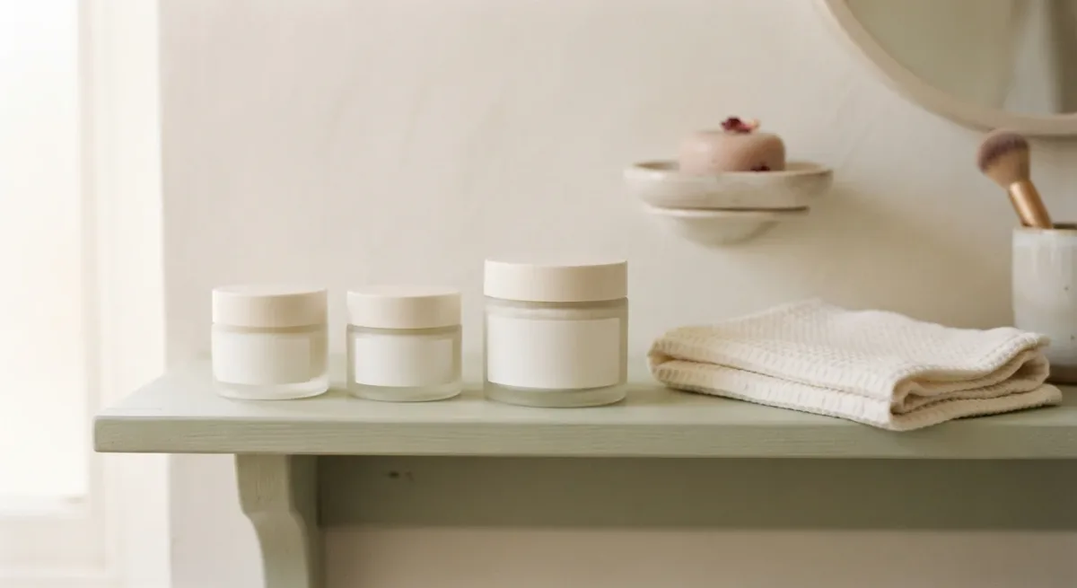 Unbranded jars with blank labels on a bright bathroom shelf in soft light