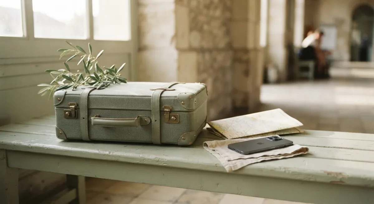 Carry-on suitcase, phone, and folded paper map on a bench