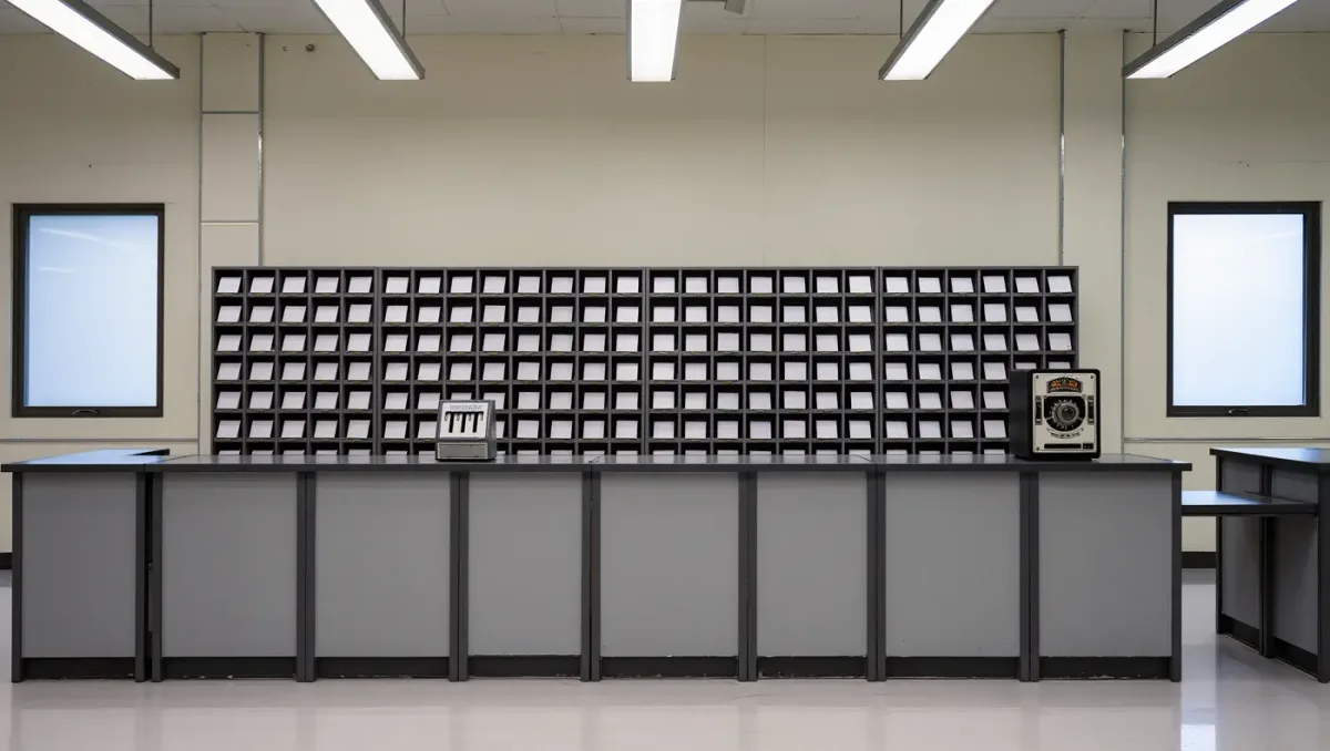 Empty payroll office counter with dated time cards in wall slots
