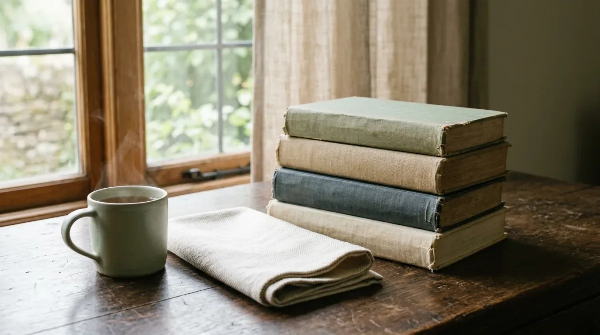Worn hardcover novels stacked on a wooden desk