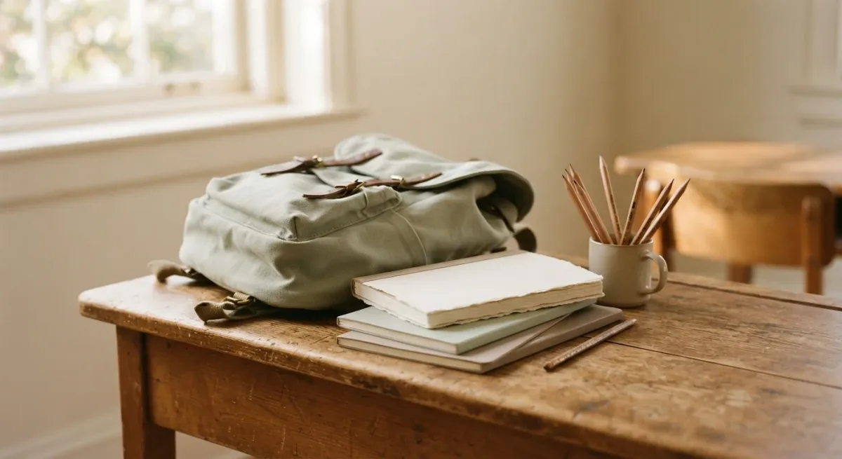 Notebooks, pencils, and backpack on worn wooden desk in morning light