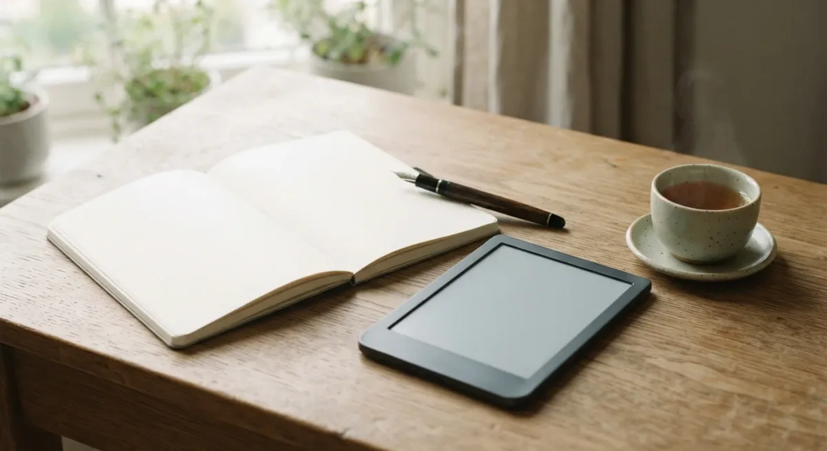 Plain notebook with handwritten markup symbols beside an unbranded e-ink tablet on a desk
