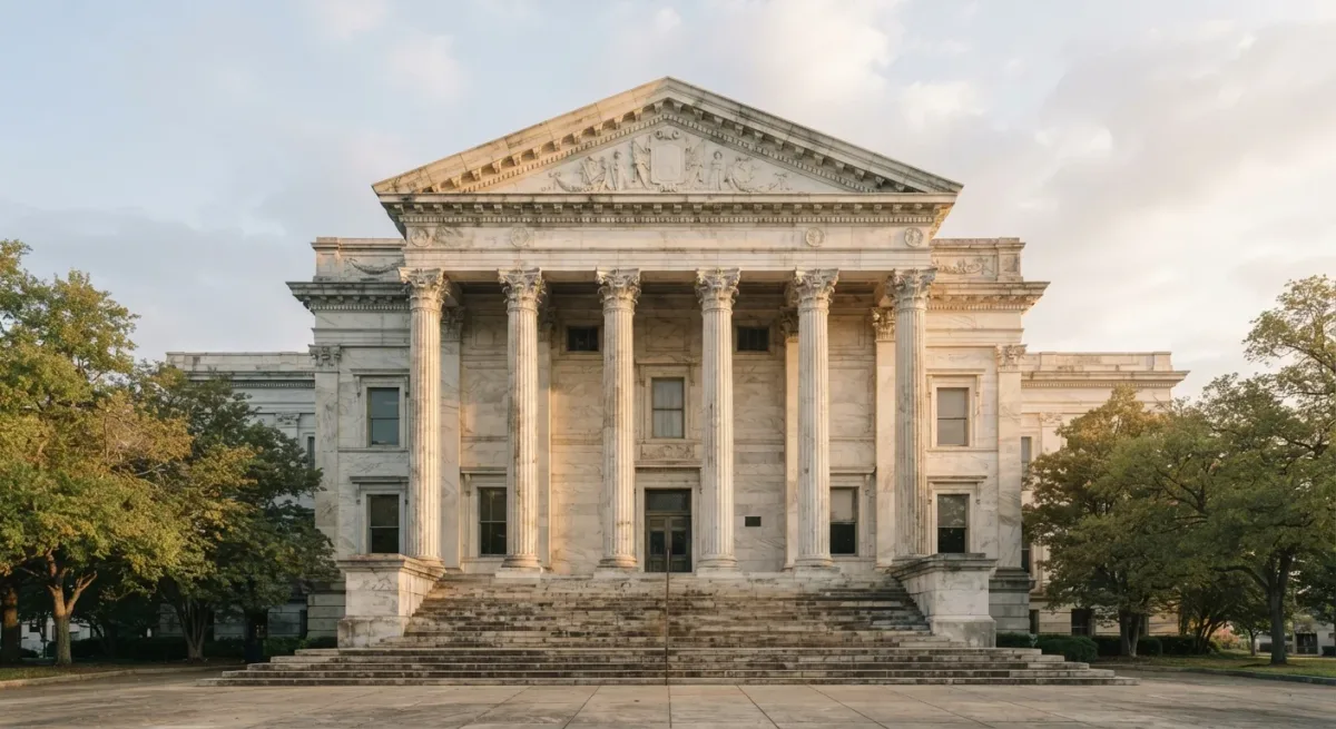 Supreme Court building facade with marble columns at dawn