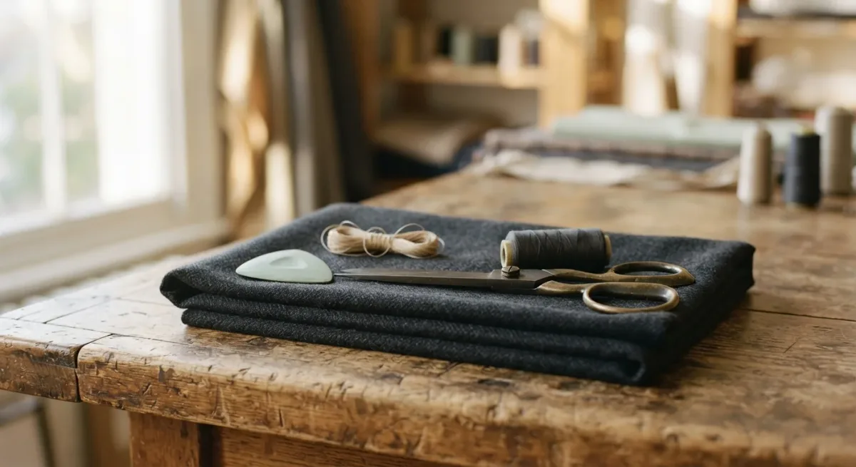 Tailor's chalk, shears, and folded wool cloth on wooden table
