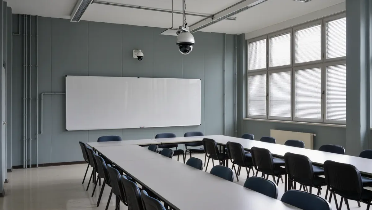 Dome camera above a whiteboard in an empty meeting room with half-drawn blinds