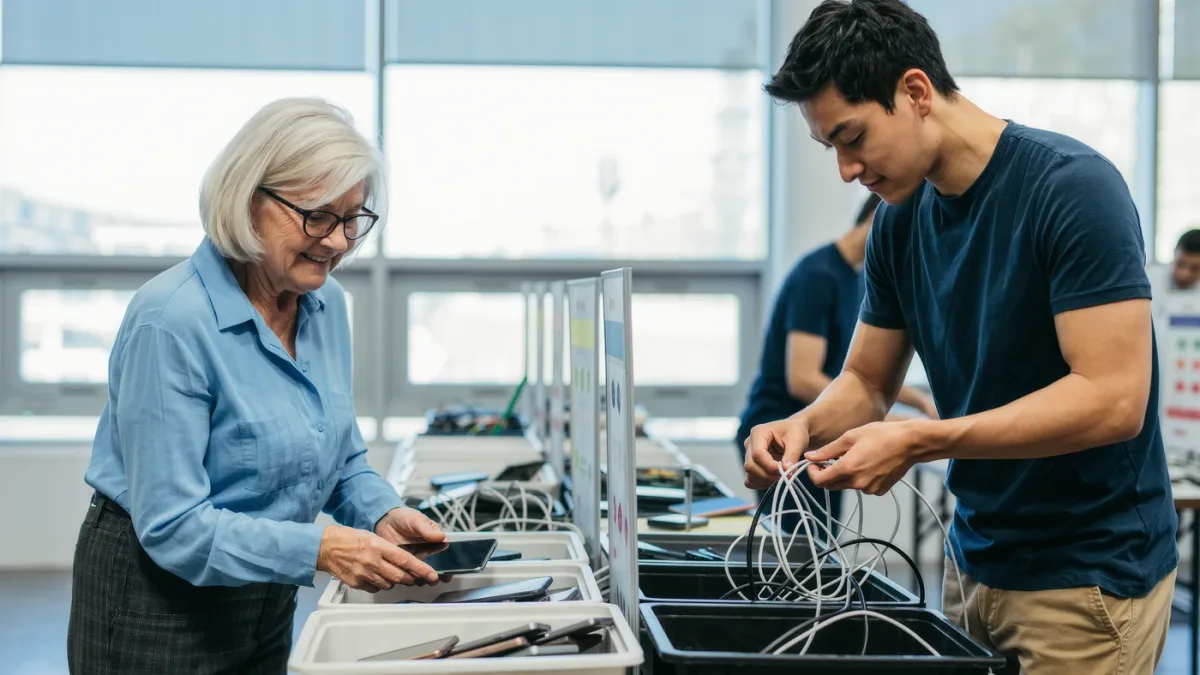 Volunteer sorting old electronics at recycling drop-off