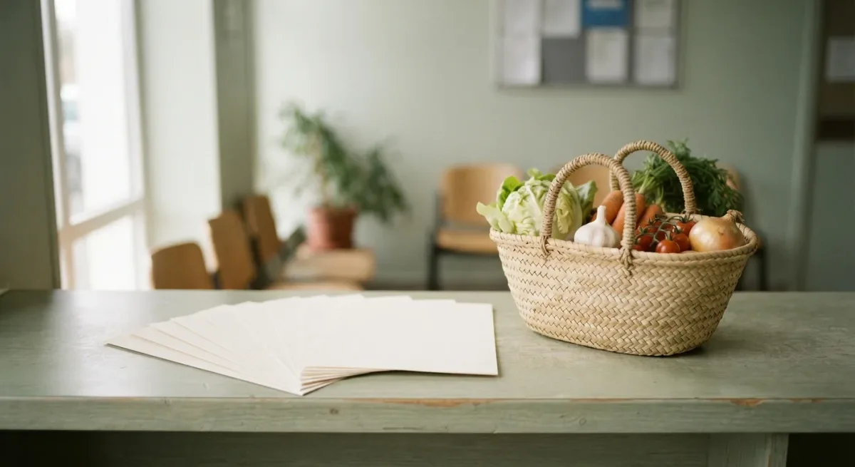 Blank application forms and a grocery basket on a laminate counter