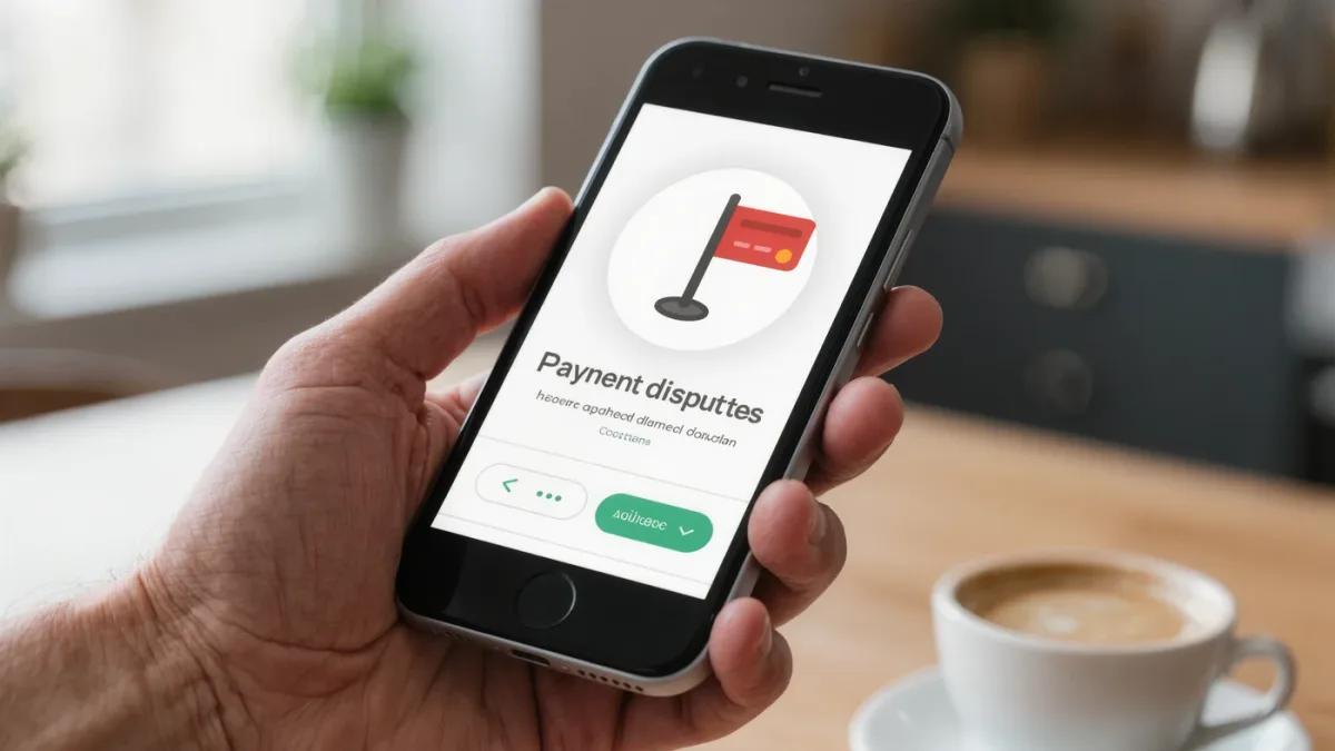 Close-up of a consumer banking app dispute screen on a held smartphone