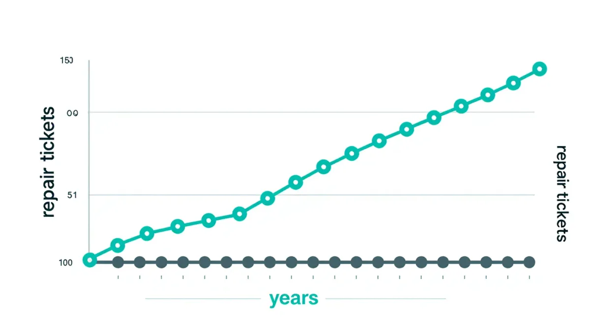 Repair cost trend line rising sharply for an aging laptop cohort, infographic chart
