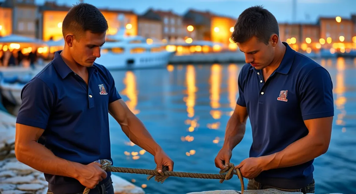 Dockhands taking lines at Dalmatian town quay in evening