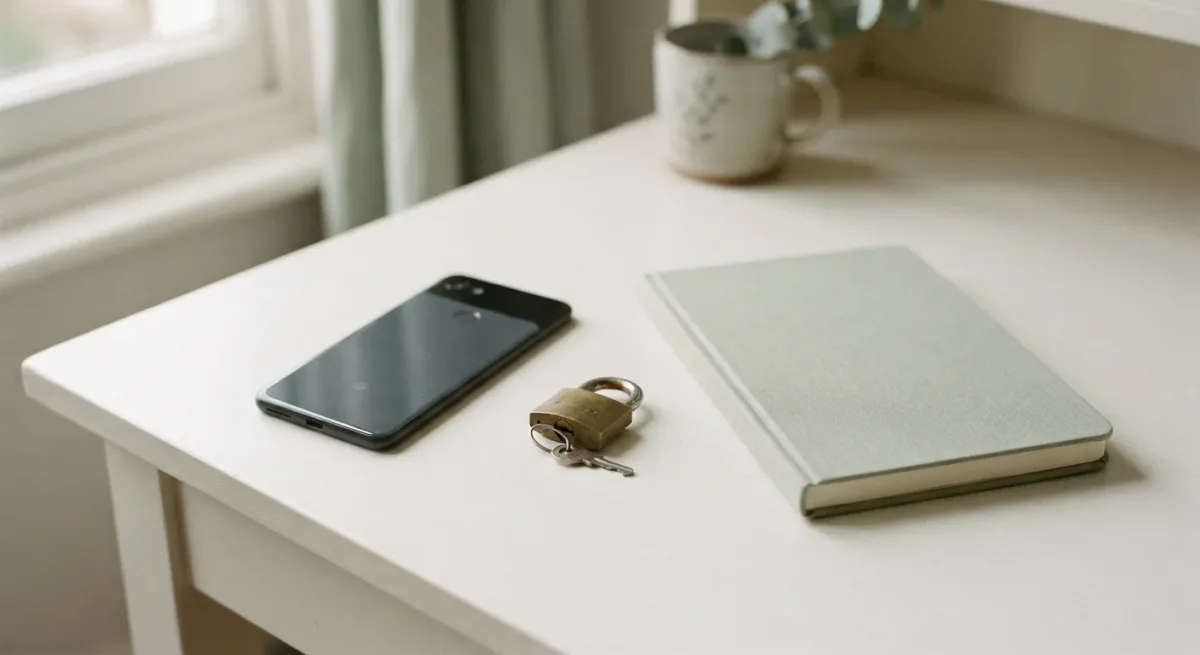 Smartphone with screen off beside a small lock on a tidy white desk