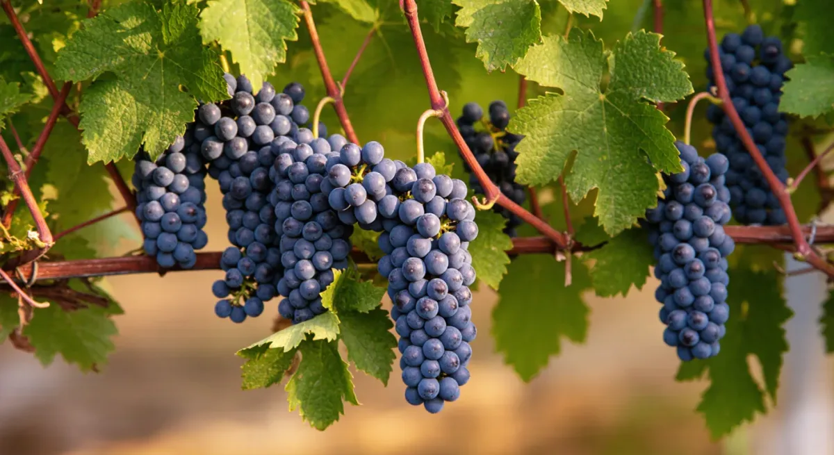 Close view of Carménère grape clusters on the vine