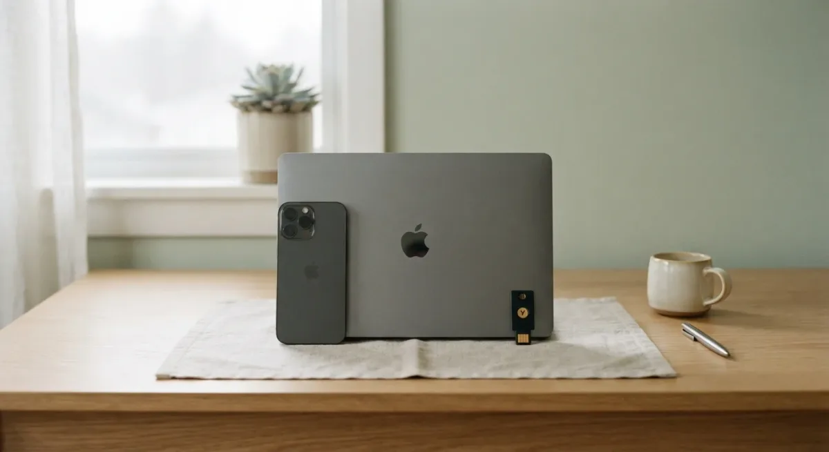 Laptop and smartphone beside a small hardware security key