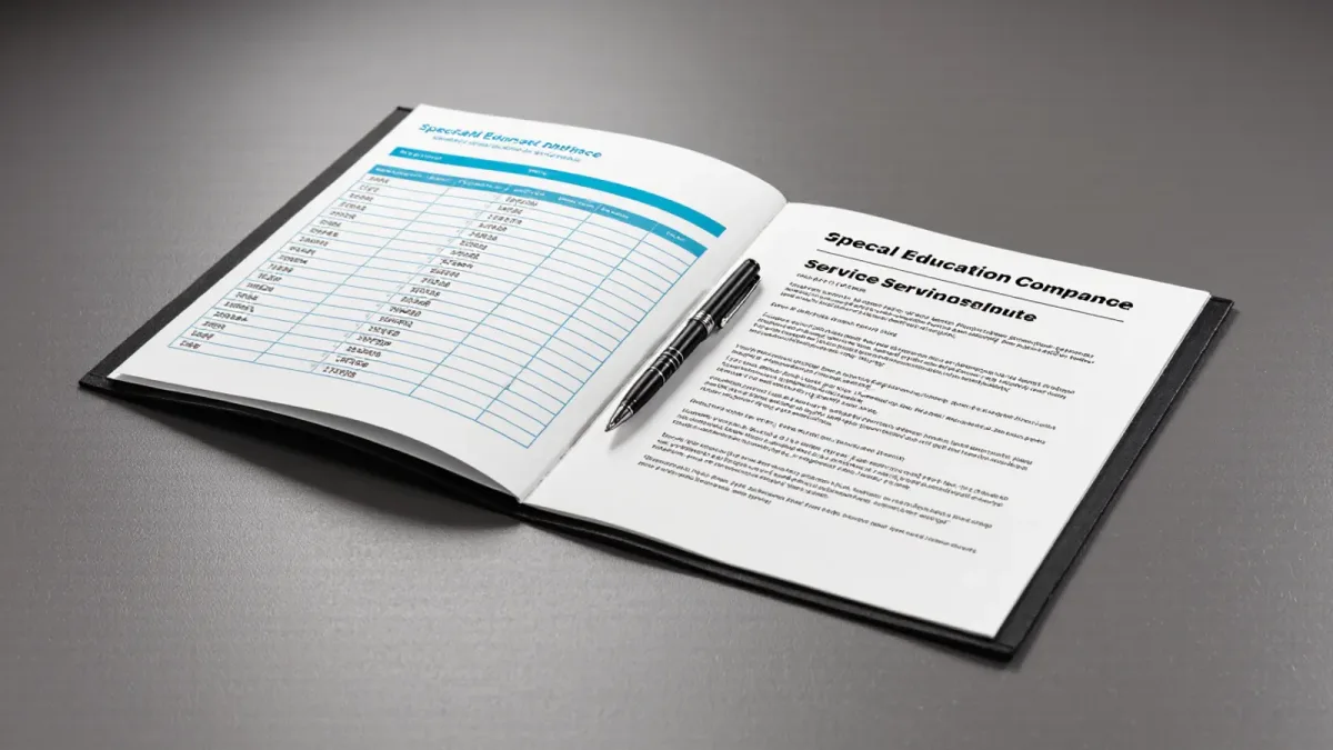IEP service-minute tracking log and staffing contract folder on a special education office desk
