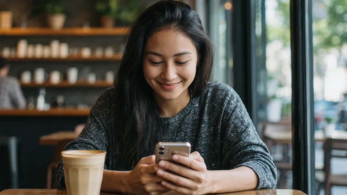 Person searching photo library on phone at cafe