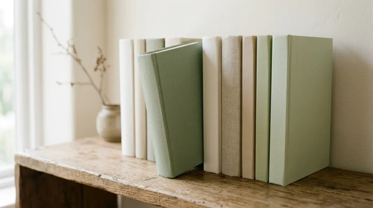 Stack of plain books with one book pulled halfway out on a wooden shelf