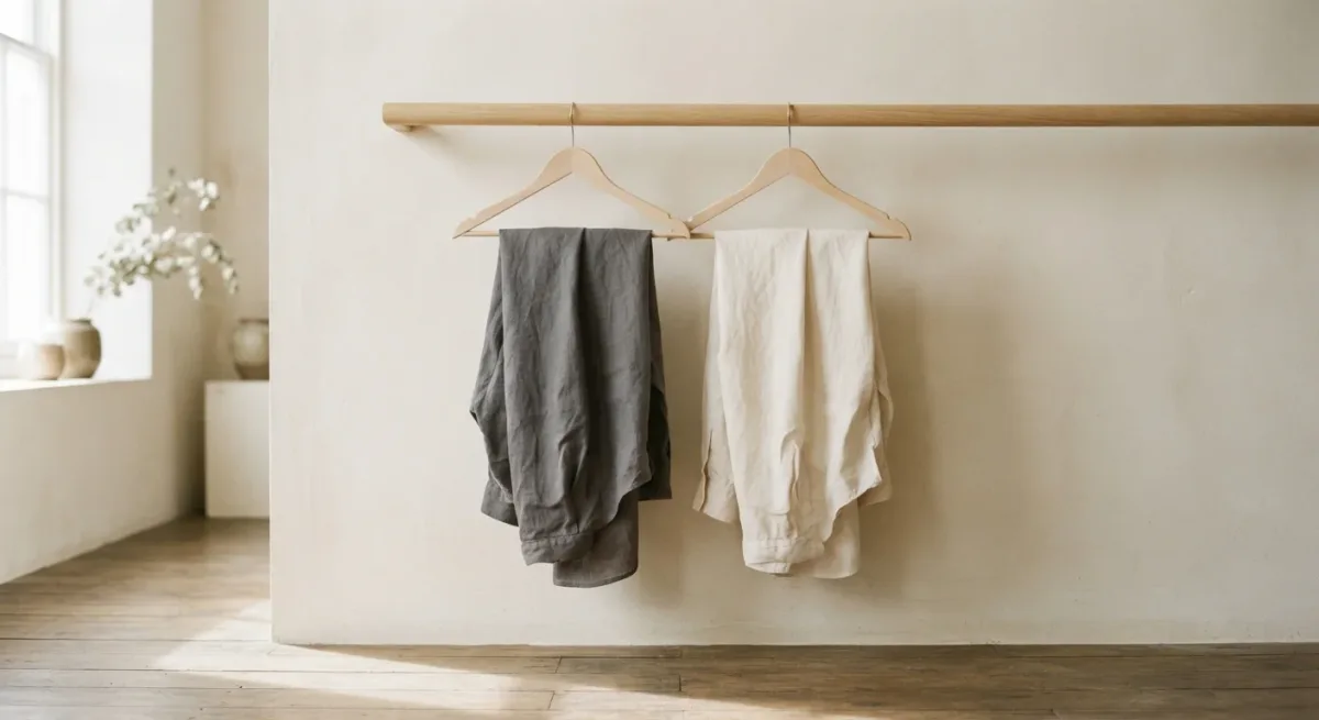 Two folded garments in charcoal and ivory on a rail against a plain wall