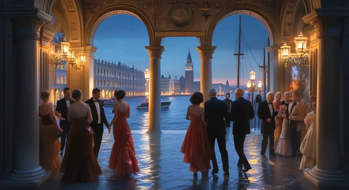 Guests arriving at awards gala evening in Venice palazzo courtyard