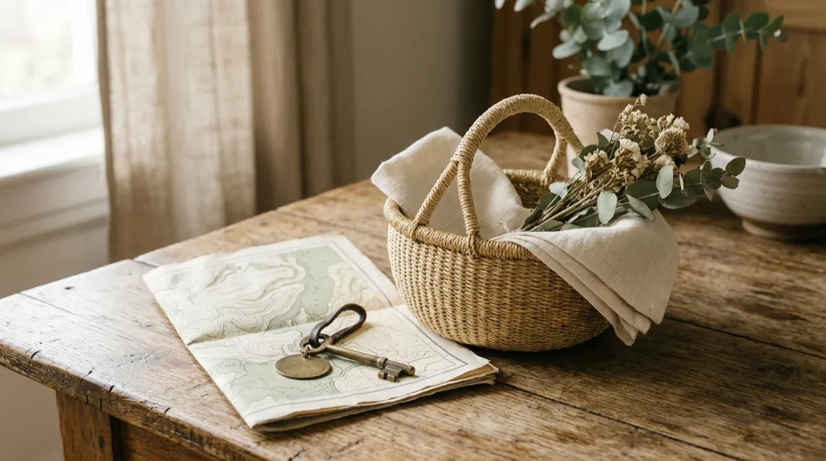 Paper map, market basket, and room key on a wooden table