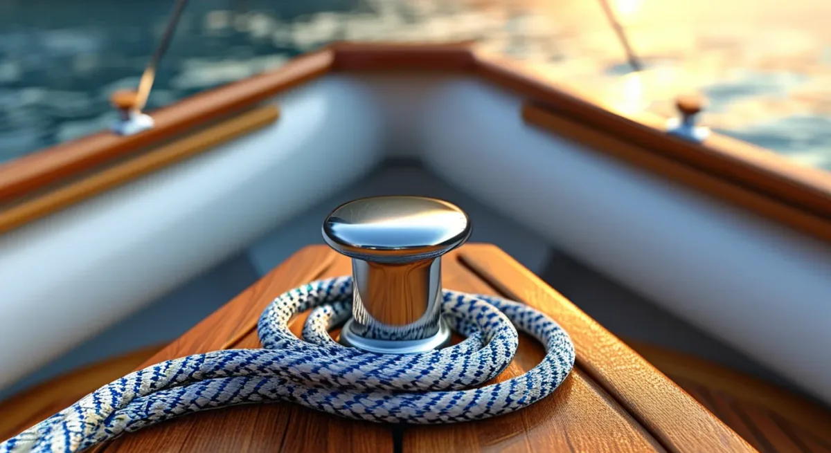 Tender bow line and stainless grab rail in morning light