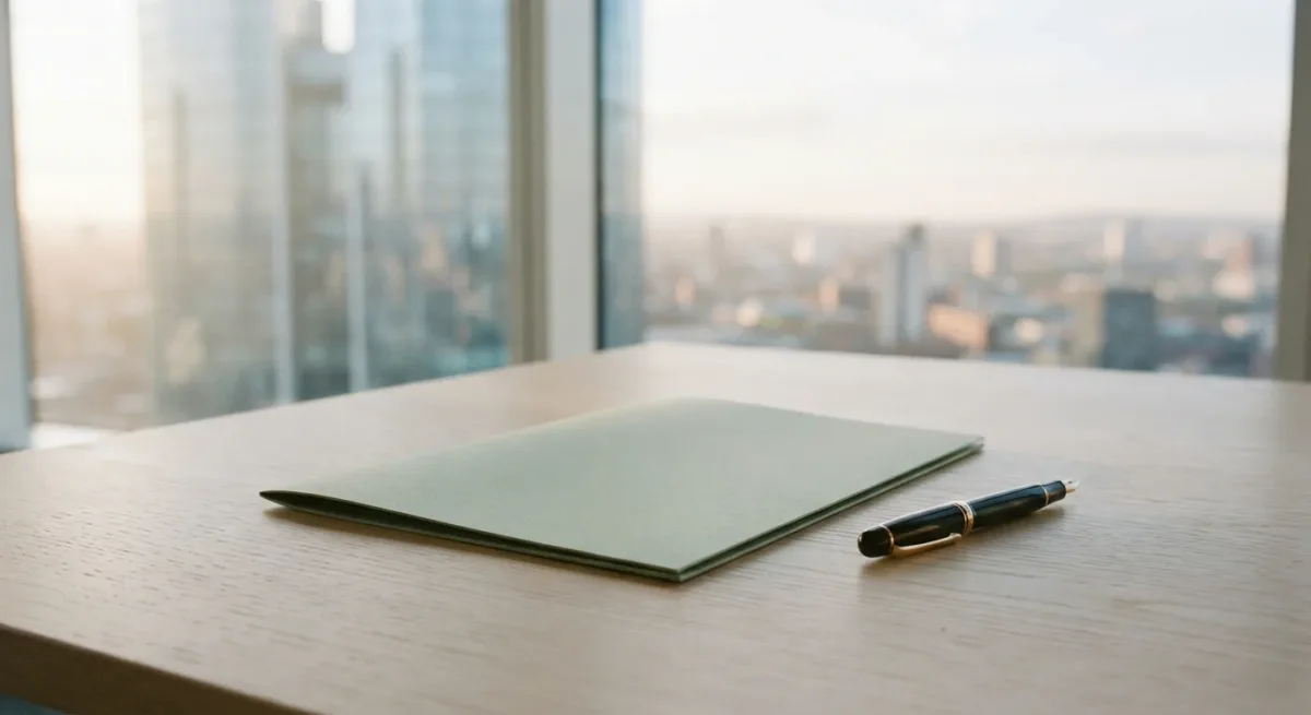 Folder and pen on boardroom table in hard light