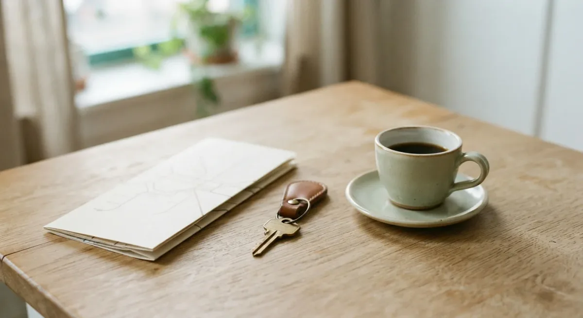 Transit map card and apartment keys beside coffee on a table