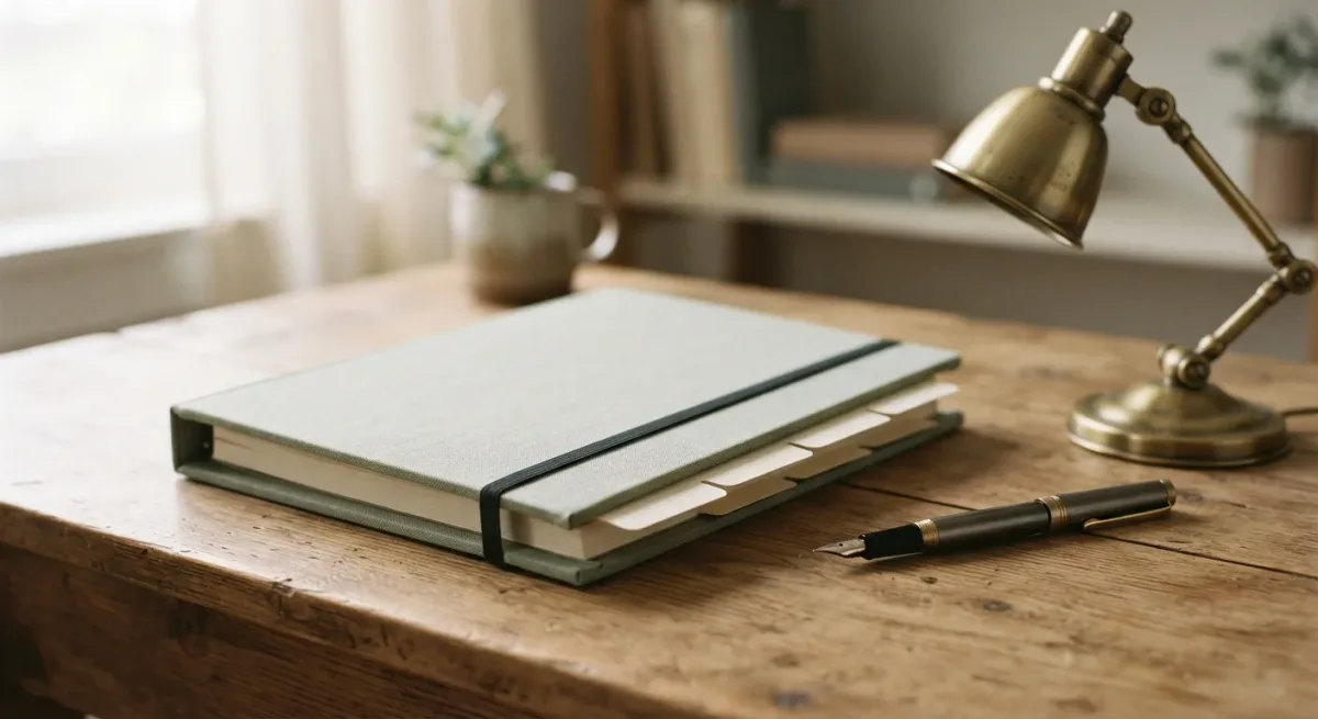 Binder of statistical reports beside pen and desk lamp