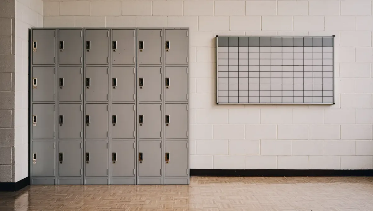 Empty workplace break room with lockers and schedule board in flat daylight