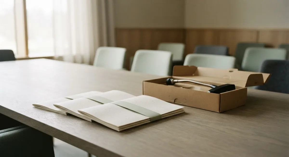 Meeting agenda packets and gavel-less hearing table setup