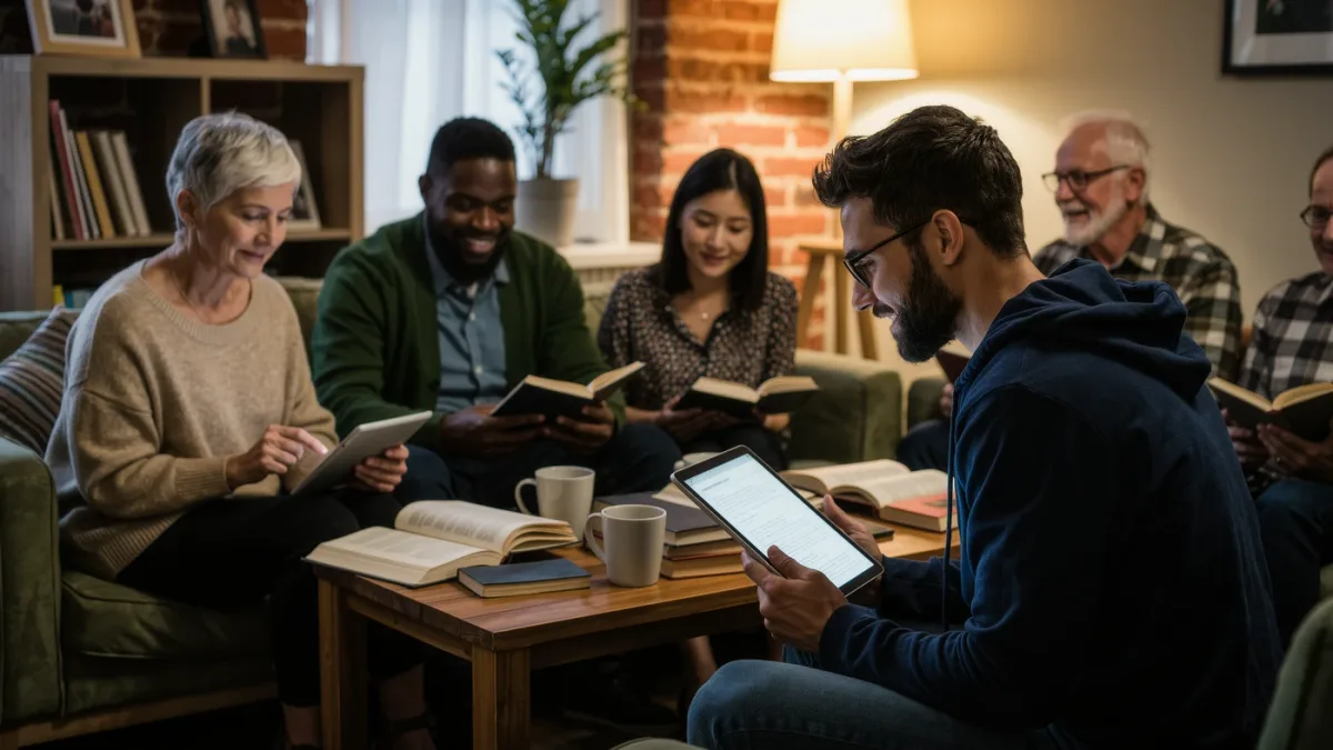 Readers preordering books on devices at a cozy book club
