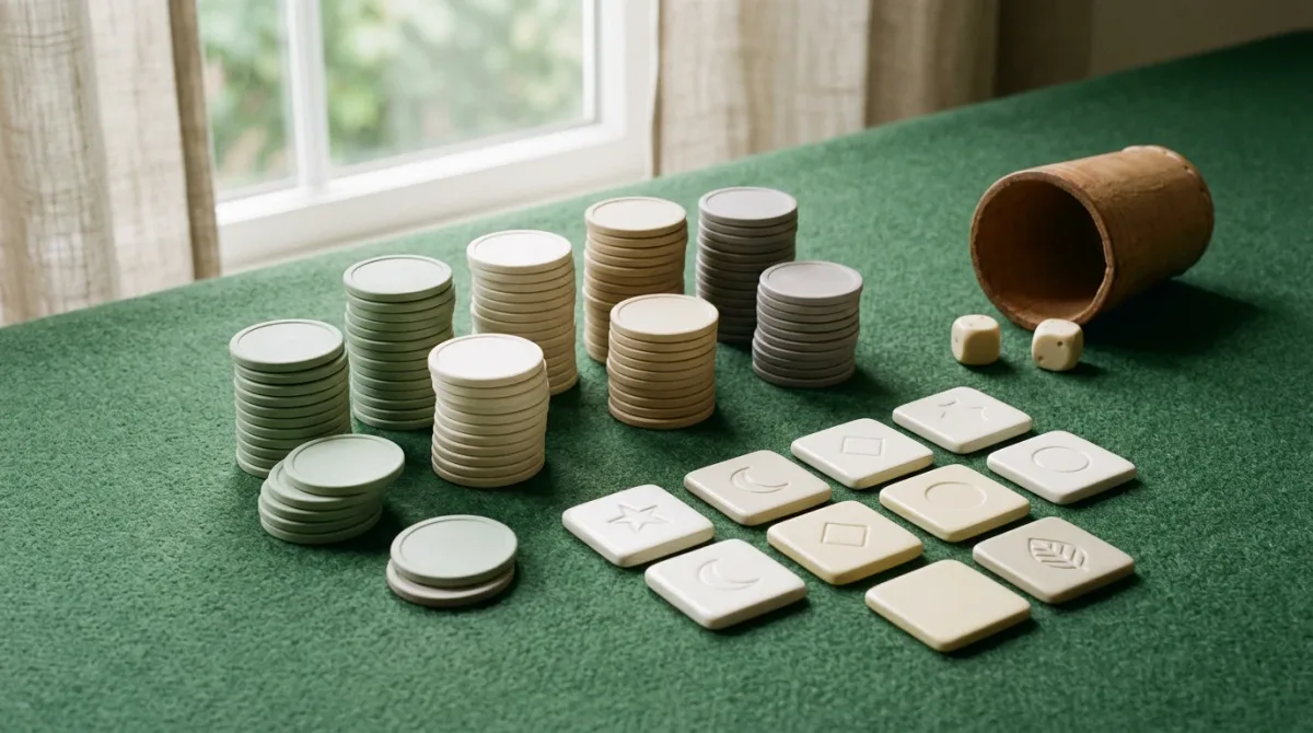 Plain chips and reel symbol tiles on green felt