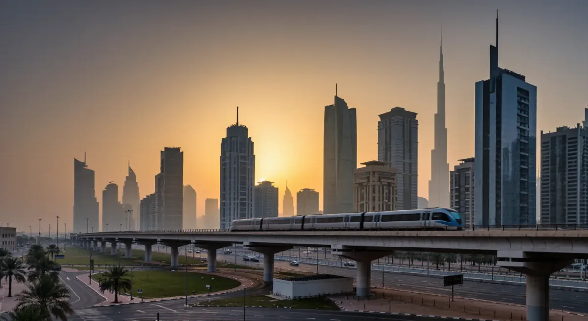 Dubai Metro viaduct and skyline at sunrise