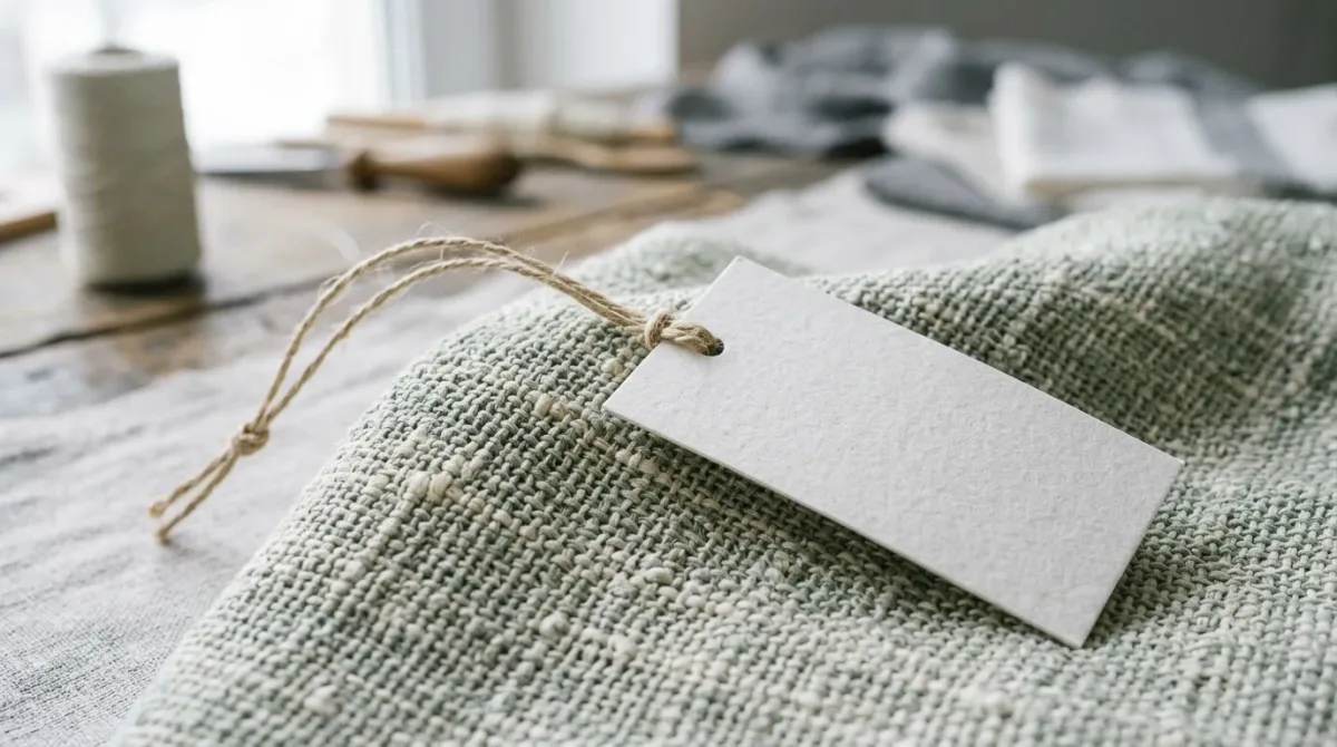 Close detail of woven fabric with a plain hangtag