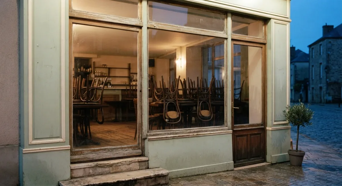 Bentwood chairs stacked beside restaurant window at dusk