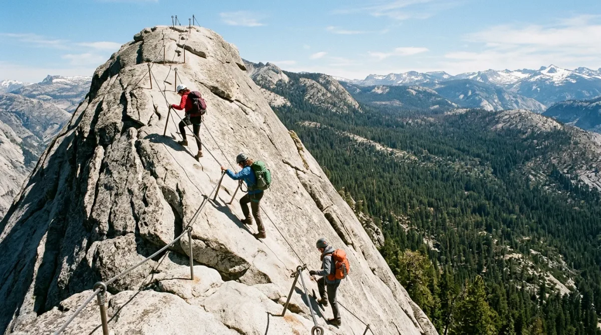 Hikers ascending the steel cables on Half Dome's granite summit pitch above Yosemite Valley.