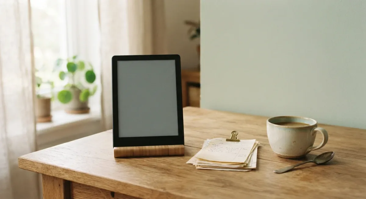 Unbranded e-reader beside a stack of library due-date slips