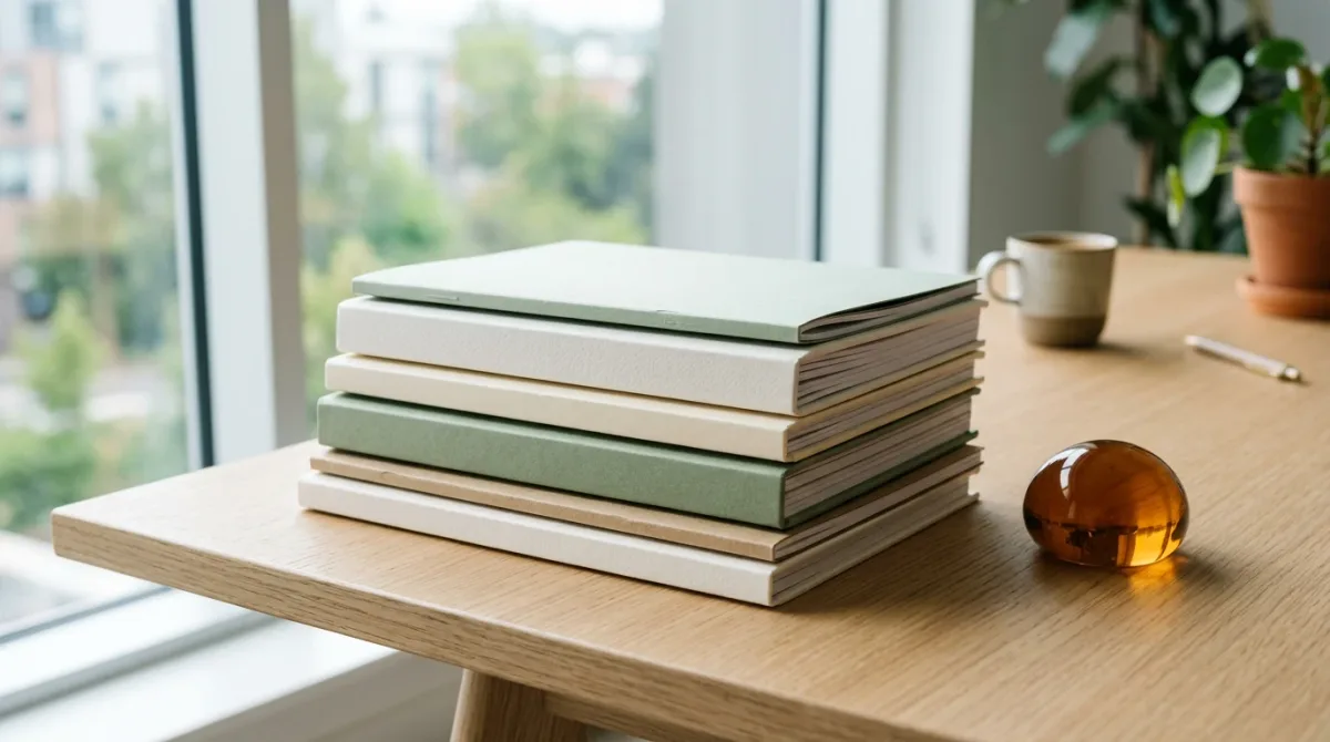 Stacked cap-table folders on a quiet office table